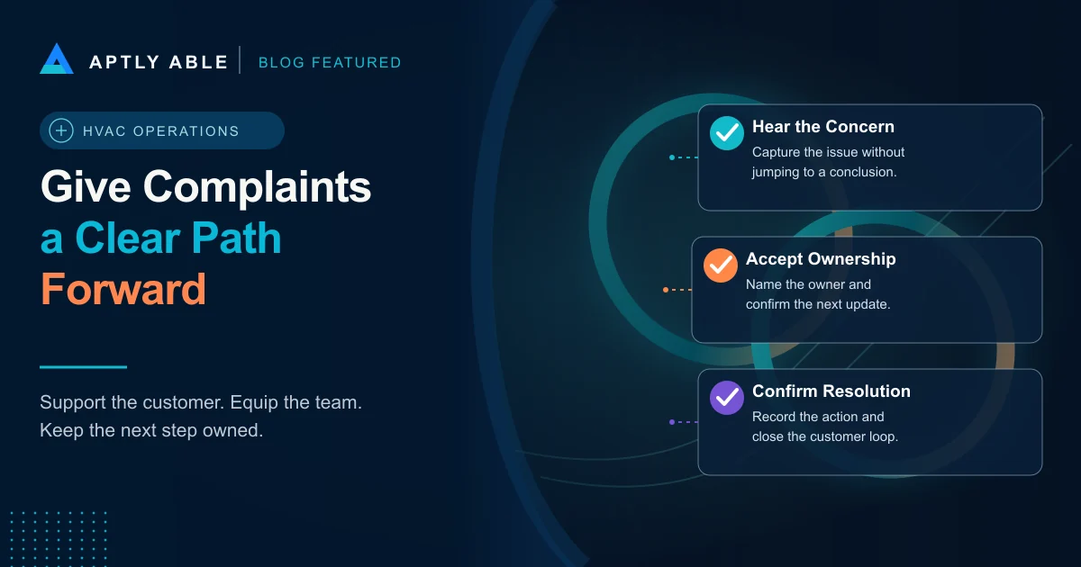 Aptly Able graphic reading Give Complaints a Clear Path Forward, with connected teal and copper rings and cards for hearing the concern, accepting ownership, and confirming resolution