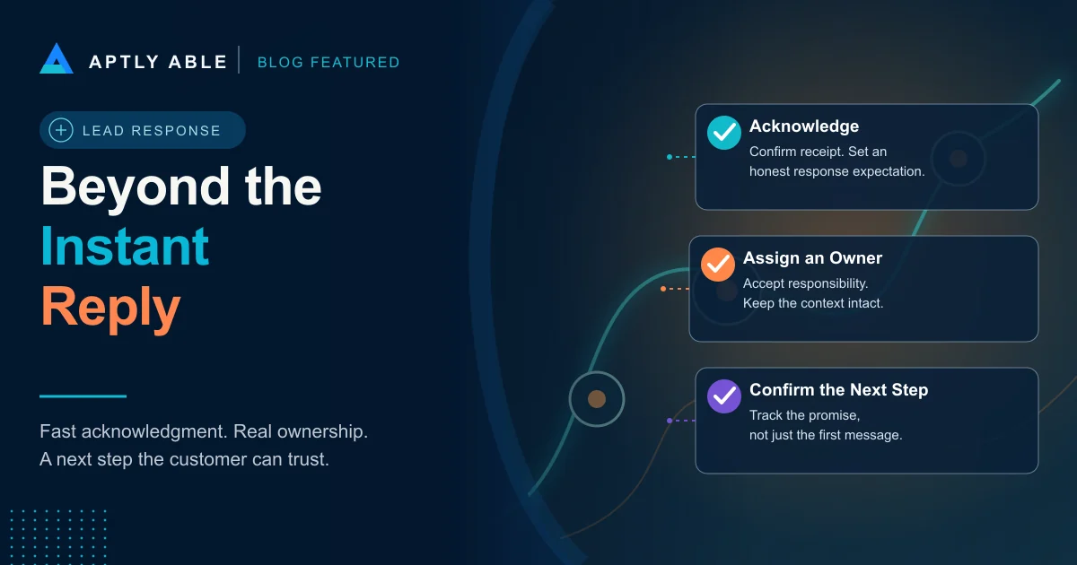 Aptly Able graphic reading Beyond the Instant Reply, with an abstract connected path and cards for acknowledgment, ownership, and a confirmed next step