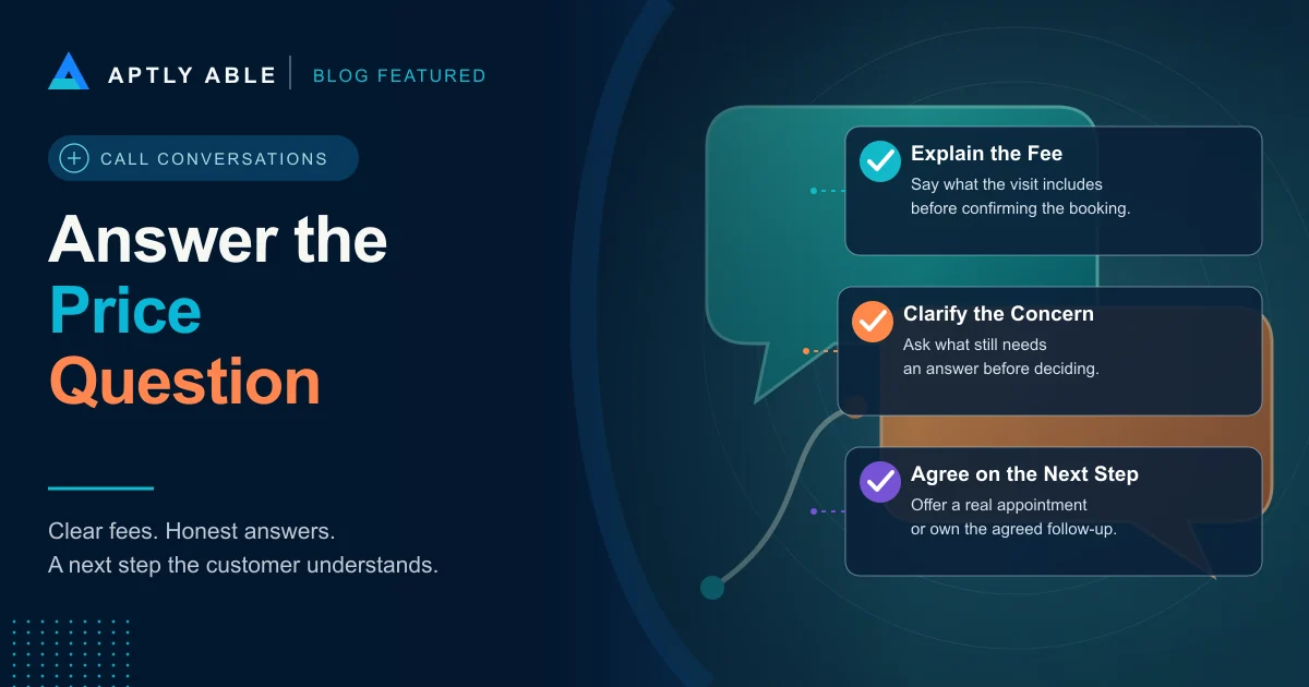 Aptly Able graphic reading Answer the Price Question with cards for explaining the fee, clarifying the concern, and agreeing on the next step over abstract teal and copper conversation shapes