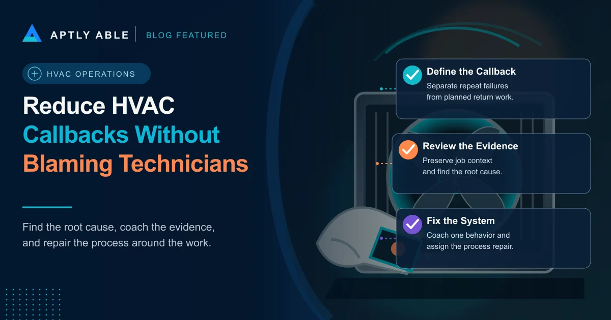 Aptly Able HVAC callbacks graphic with an illustrated condenser and a three-step process to define the callback, review the evidence, and fix the system