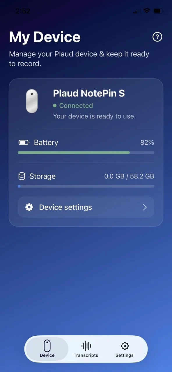 FieldSense My Device screen showing a connected Plaud NotePin S
