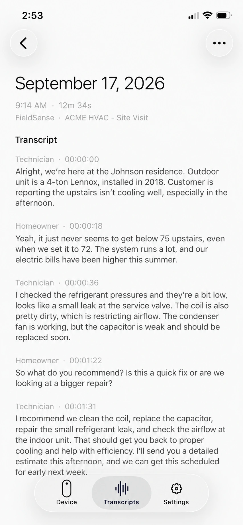 FieldSense HVAC site-visit transcript with timestamped technician and homeowner dialogue