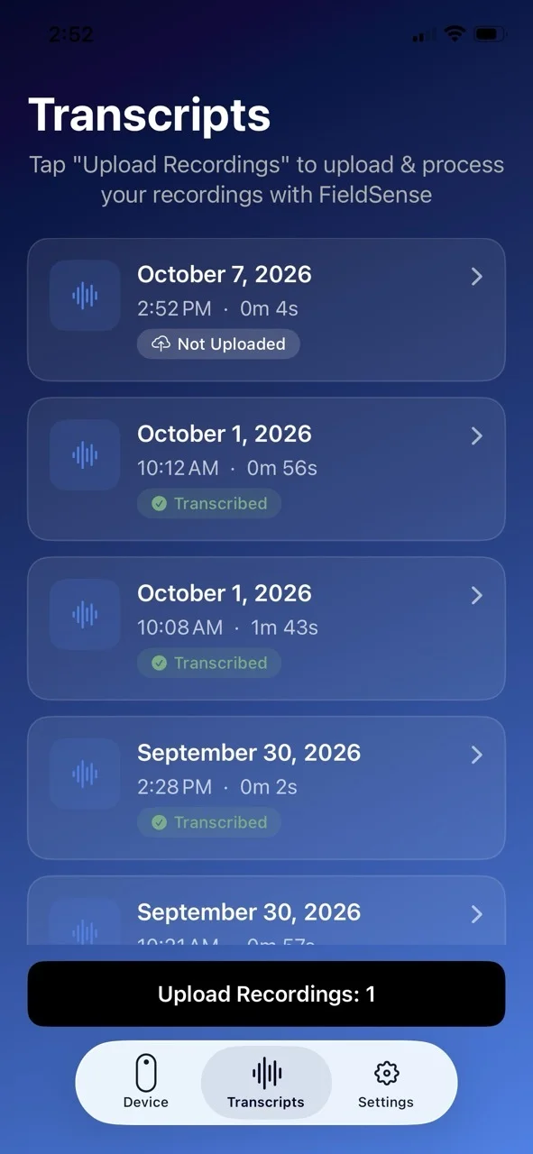 FieldSense recordings list showing upload and transcription status