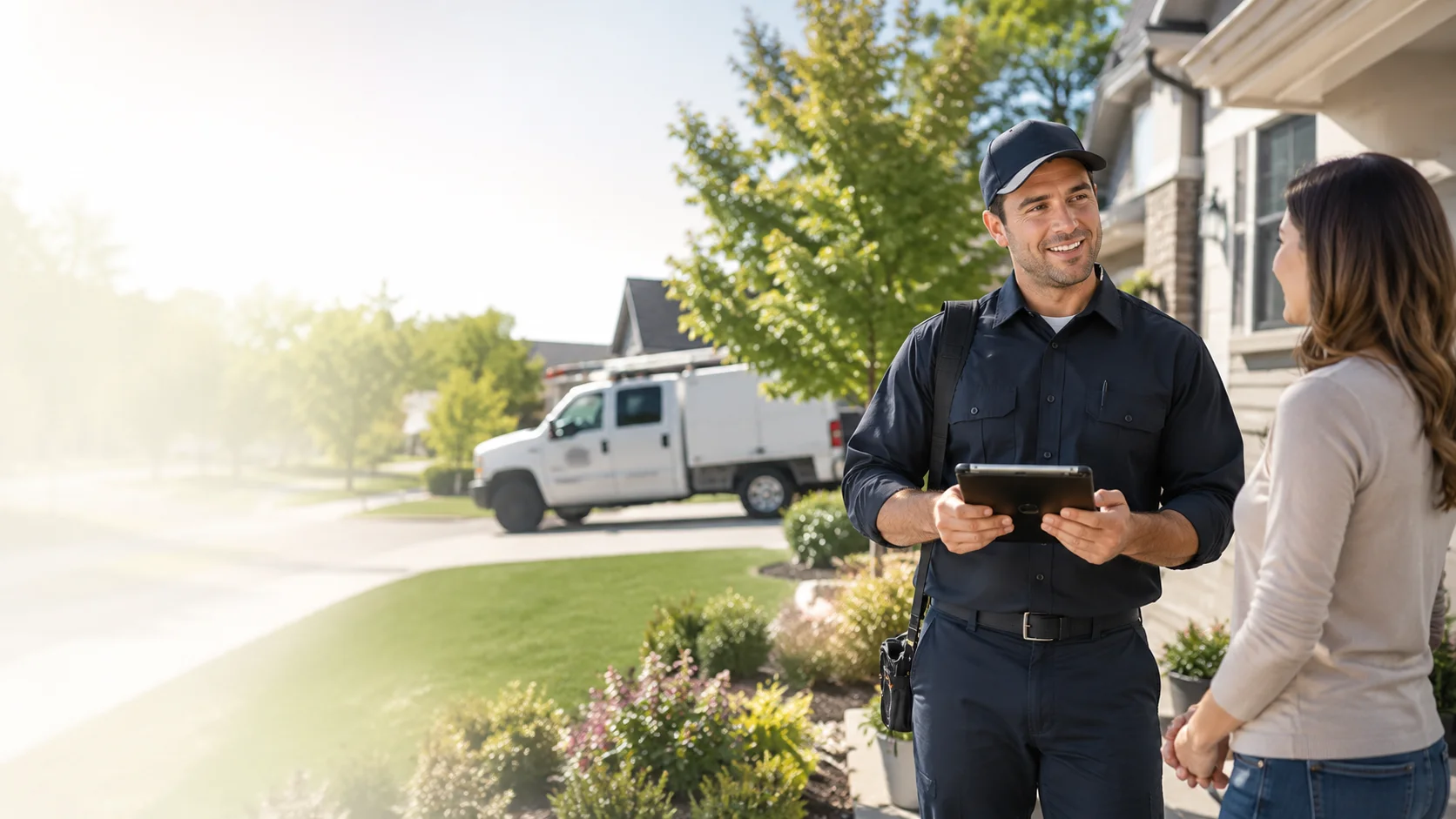 Pest control technician using a tablet while speaking with a homeowner at the front door