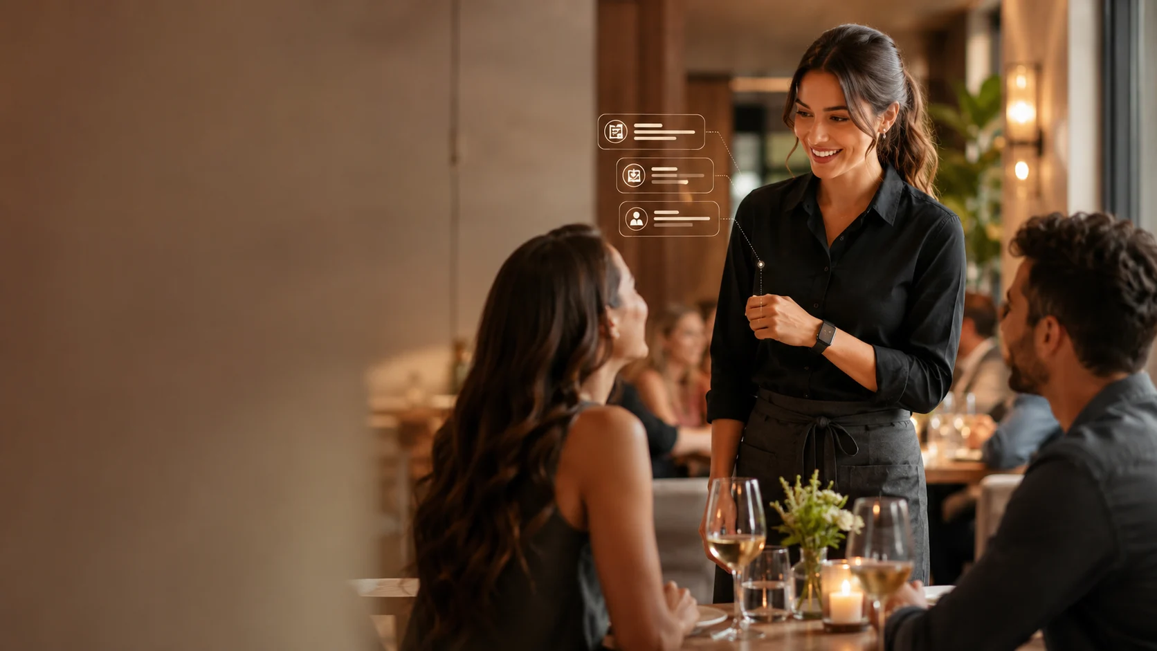 Restaurant service team using AI-assisted notes to improve guest follow-through and manager visibility
