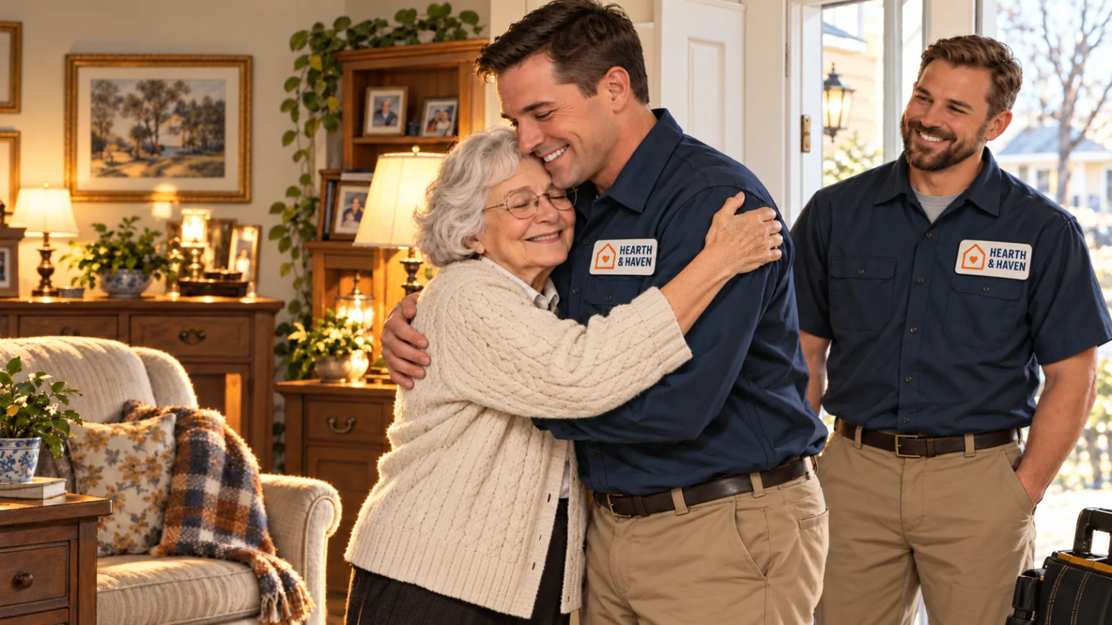 Realistic AI-generated preview still of a homeowner thanking a technician in a warm living room