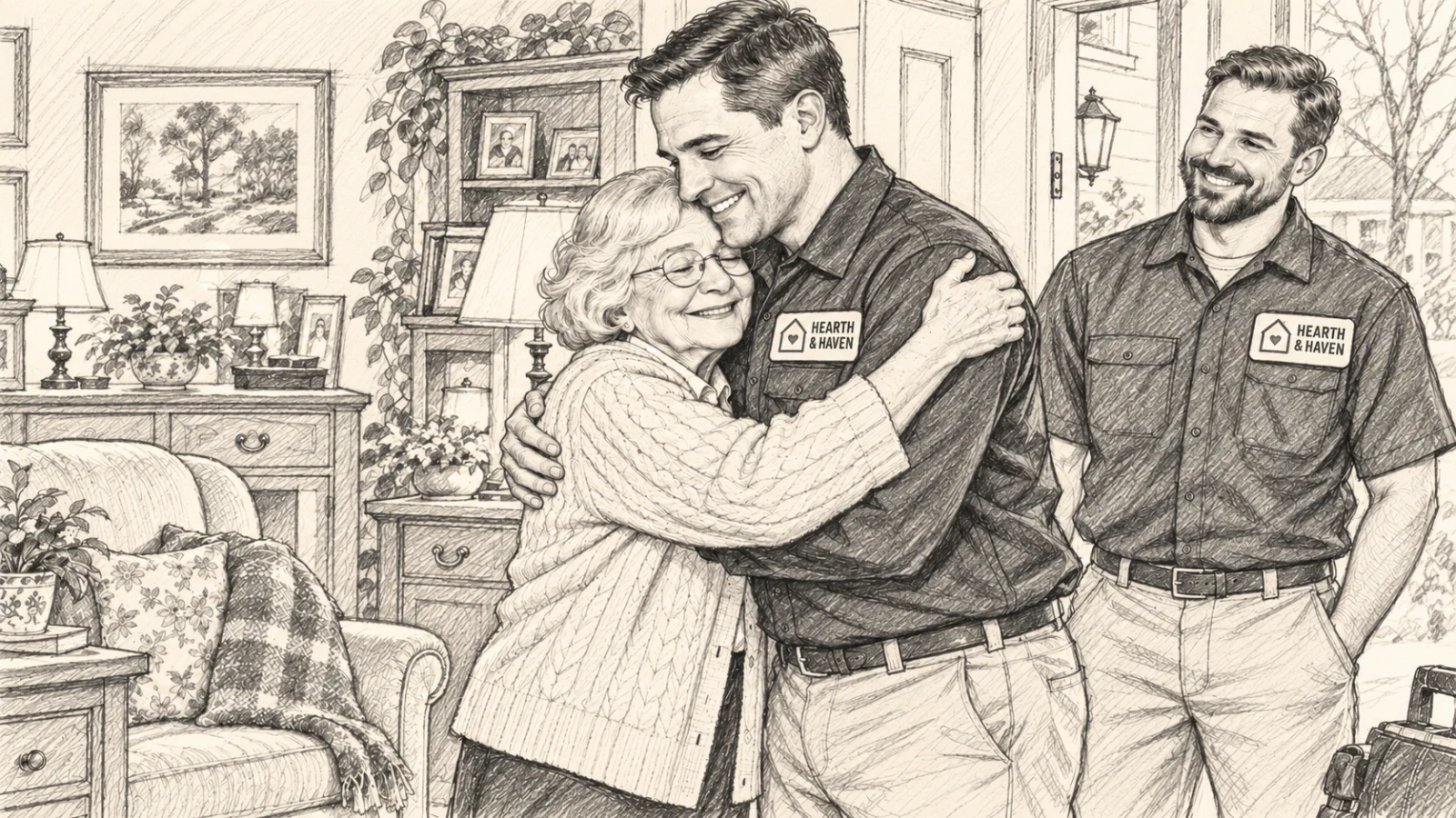 Pencil storyboard of an elderly homeowner hugging a technician, with a second technician smiling beside them